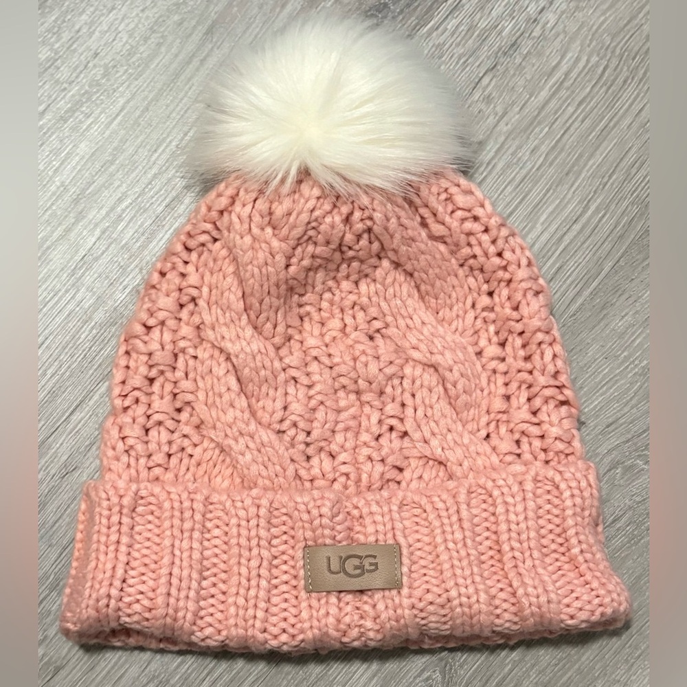 UGG Cable Knit Pink/White Pom Beanie Winter Hat